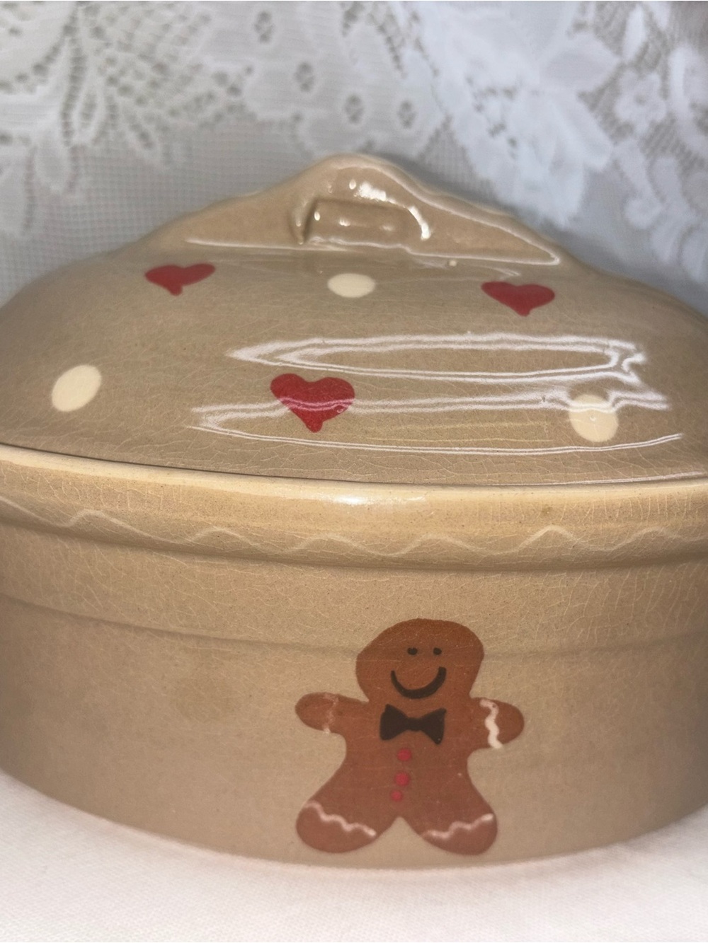 Sage Beige Ceramic Covered Baker with Red Heart Accents